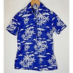 Go Barefoot Hawaiian Popover Shirt Men XS Blue White Palm Tree Aloha Made in USA